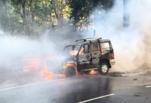 Vehicle Blaze Causes Major Traffic Disruption on Tirumala Second Ghat Road Tirumala Taxi fire erupted